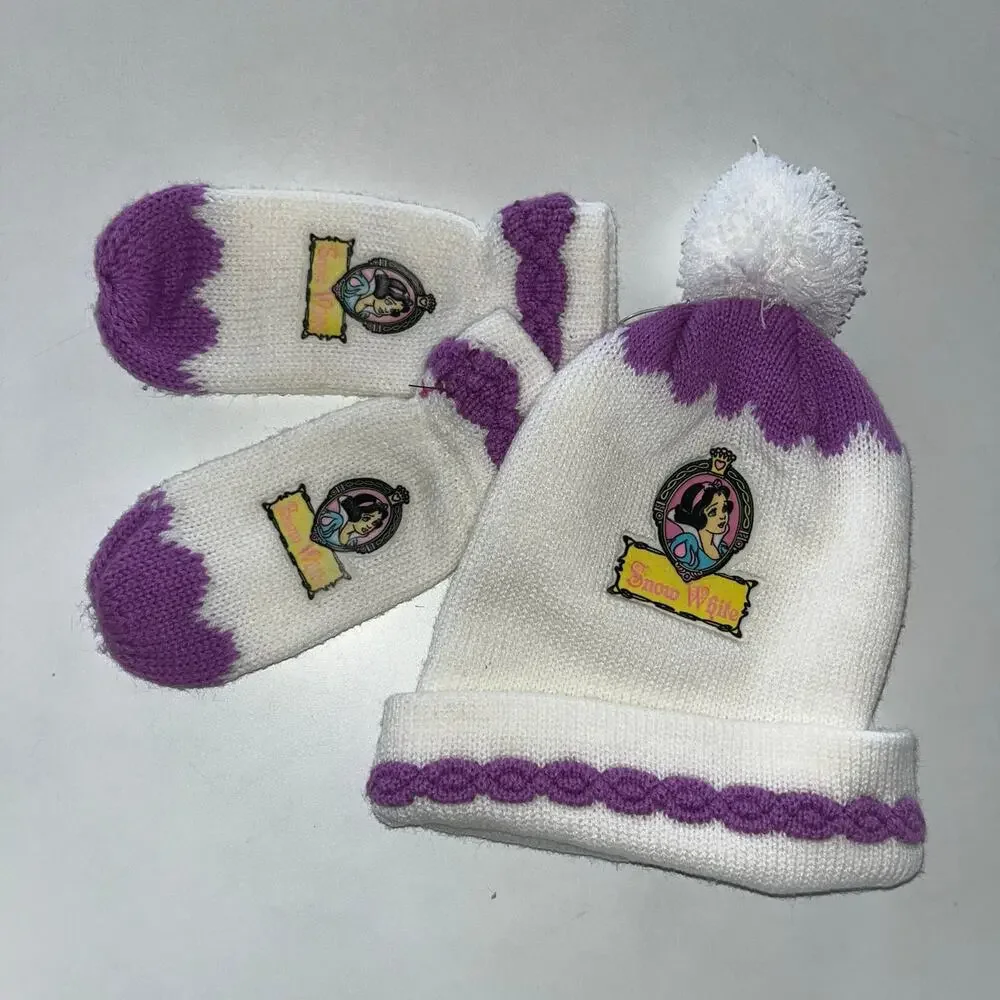 Vintage Girls Disney Snow White Winter Mitten and Beanie Purple/White Set (0862)